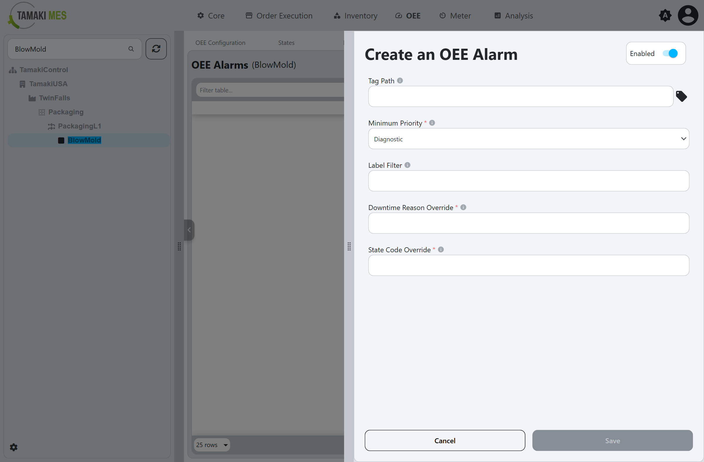 Create an OEE Alarm popup showing the tag path, priority, and override fields