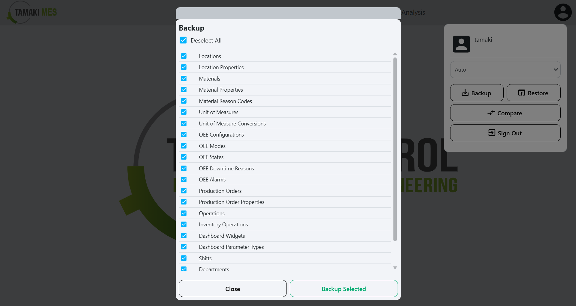 Backup menu popup