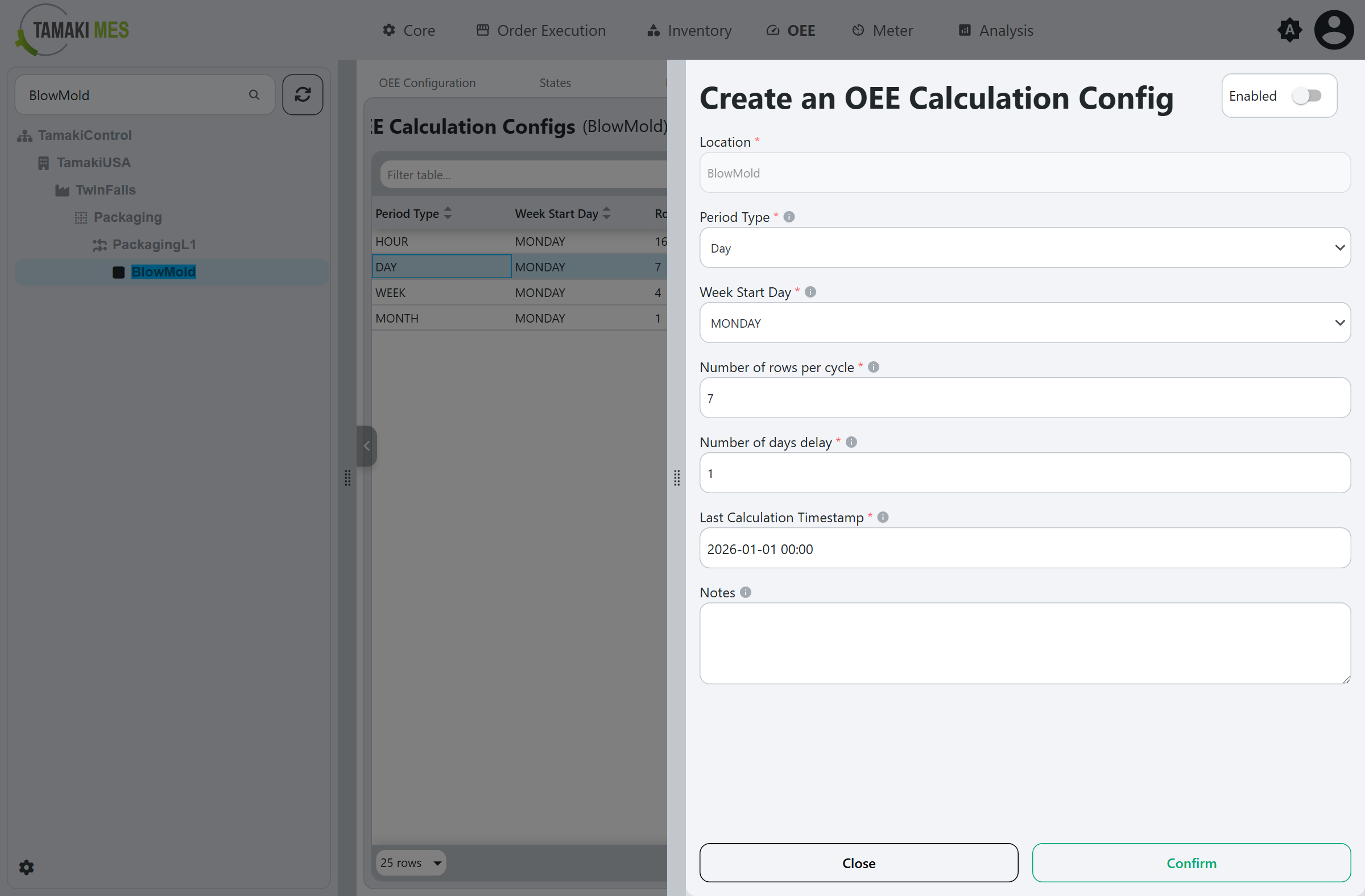 Create an OEE Calculation Config popup showing the period type and generation settings