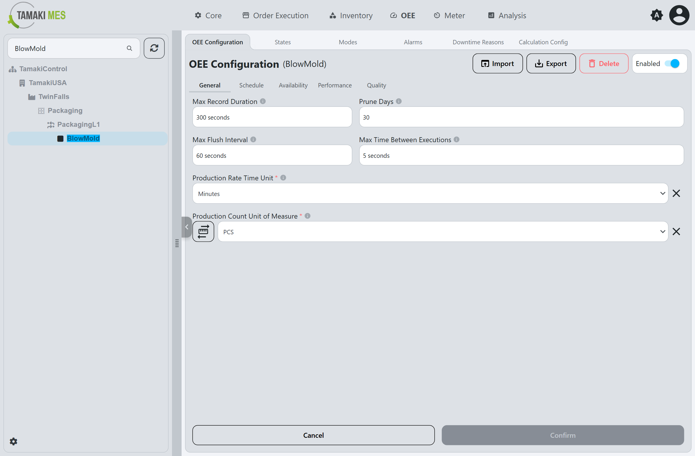 OEE Configuration tab showing the General settings for the selected location