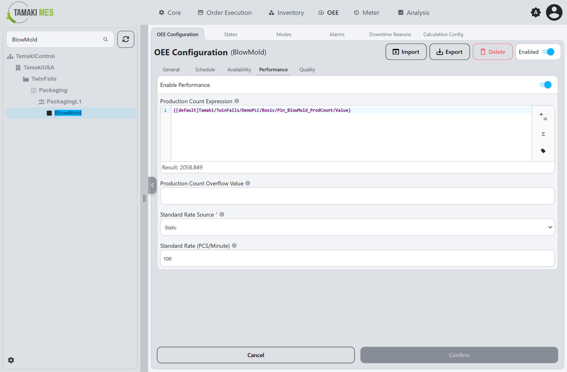 OEE Configuration Performance tab showing the Production Count Expression and standard rate settings