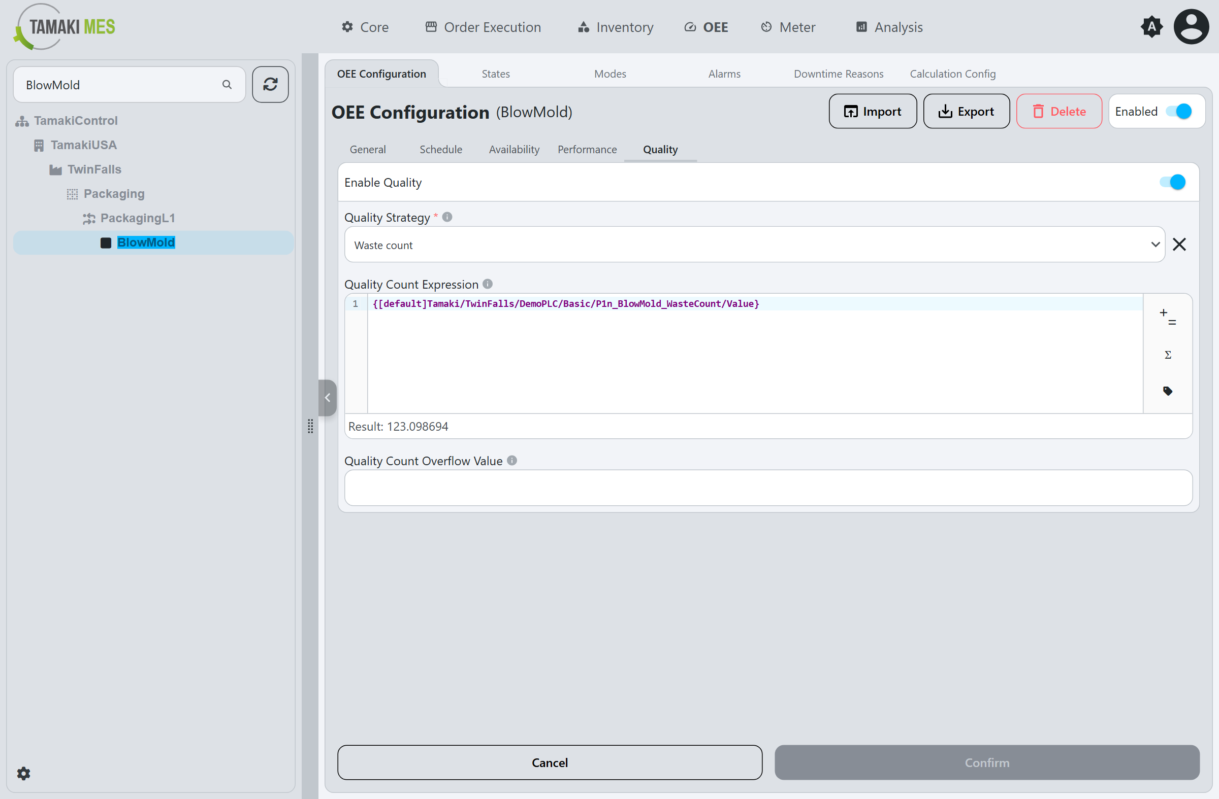 OEE Configuration Quality tab showing the Quality Strategy and Quality Count Expression