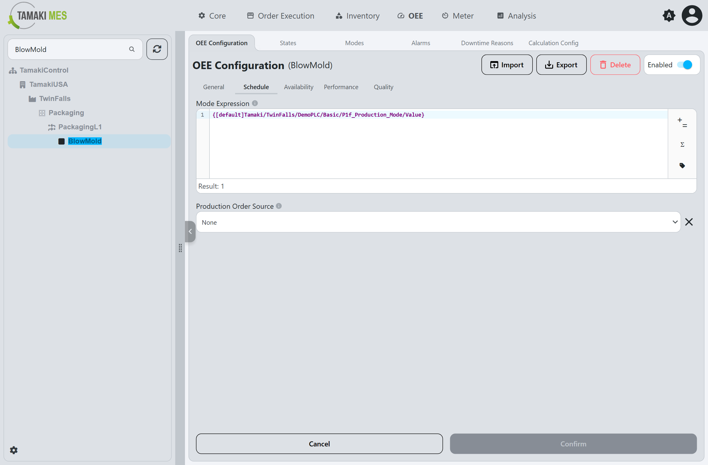 OEE Configuration Schedule tab showing the Mode Expression and Production Order Source