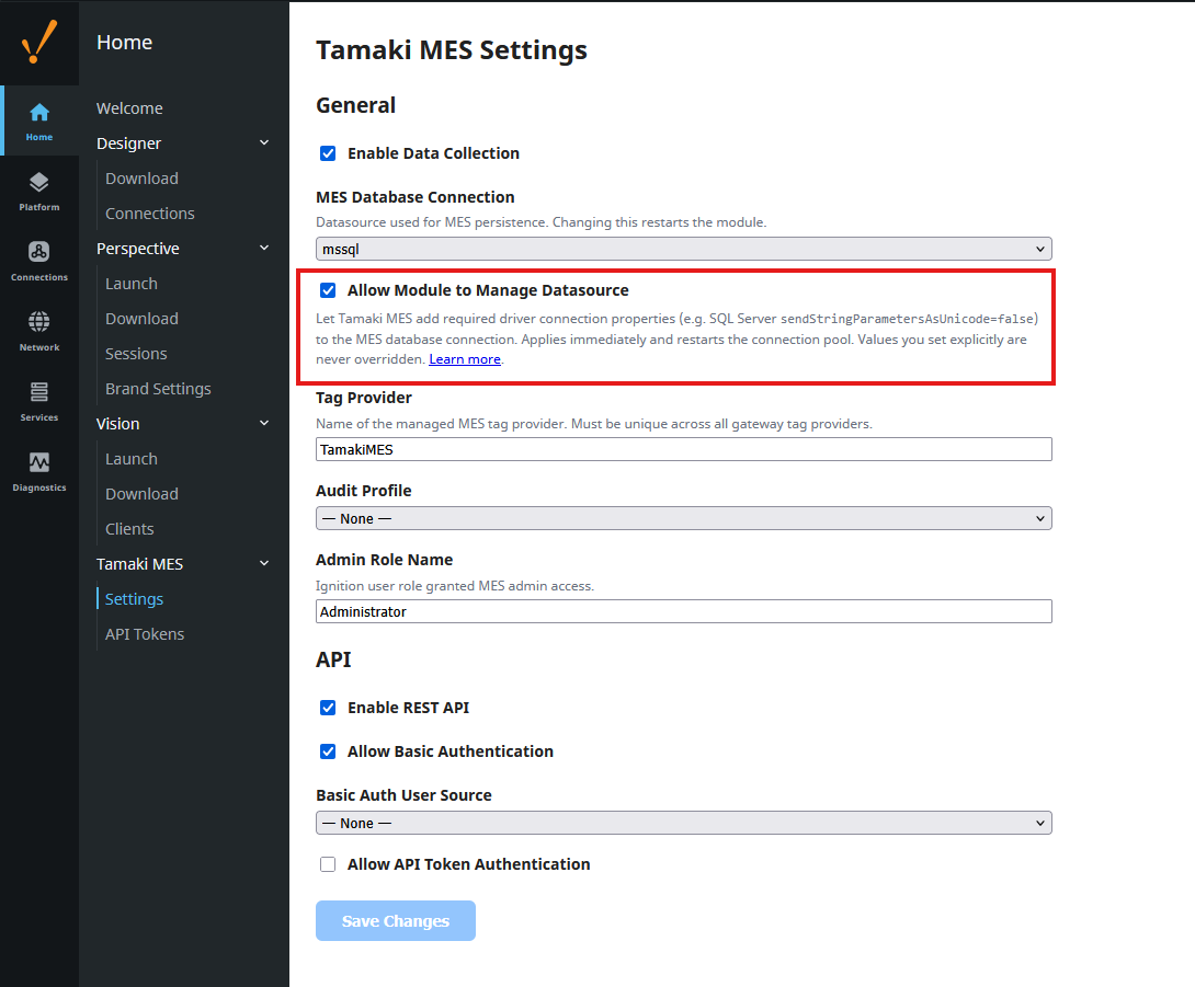 The Allow Module to Manage Datasource setting on the Tamaki MES settings page