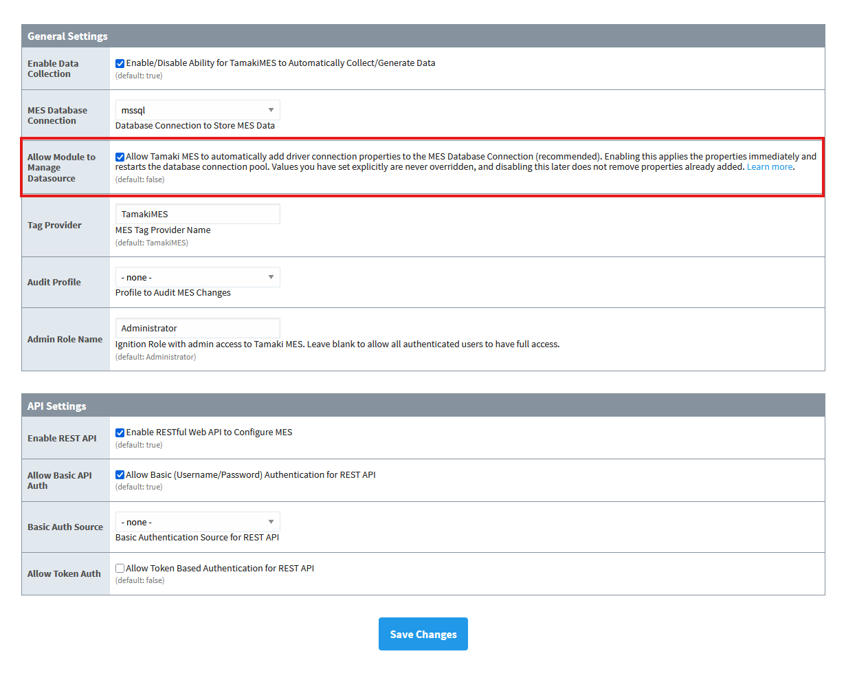 The Allow Module to Manage Datasource setting on the Tamaki MES settings page