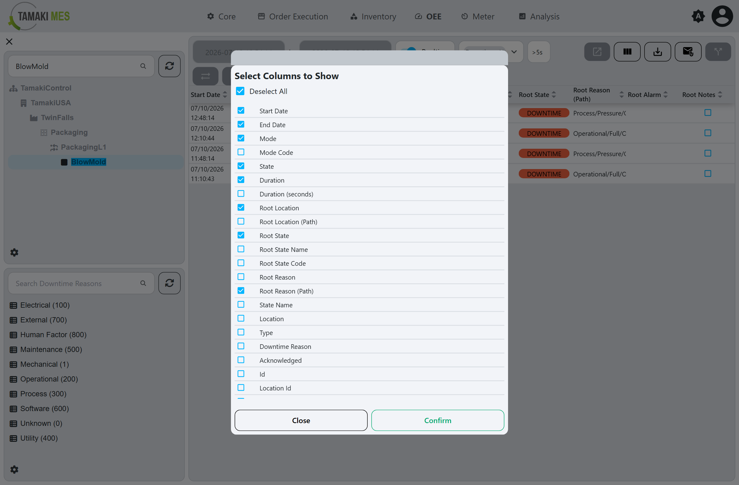 Select Columns popup with a checklist of table columns