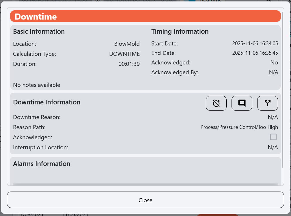 Downtime Event Details popup showing detailed information about the selected downtime event