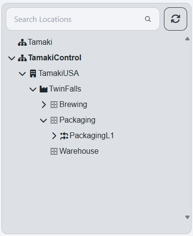 Location Tree panel showing hierarchical structure of production equipment locations