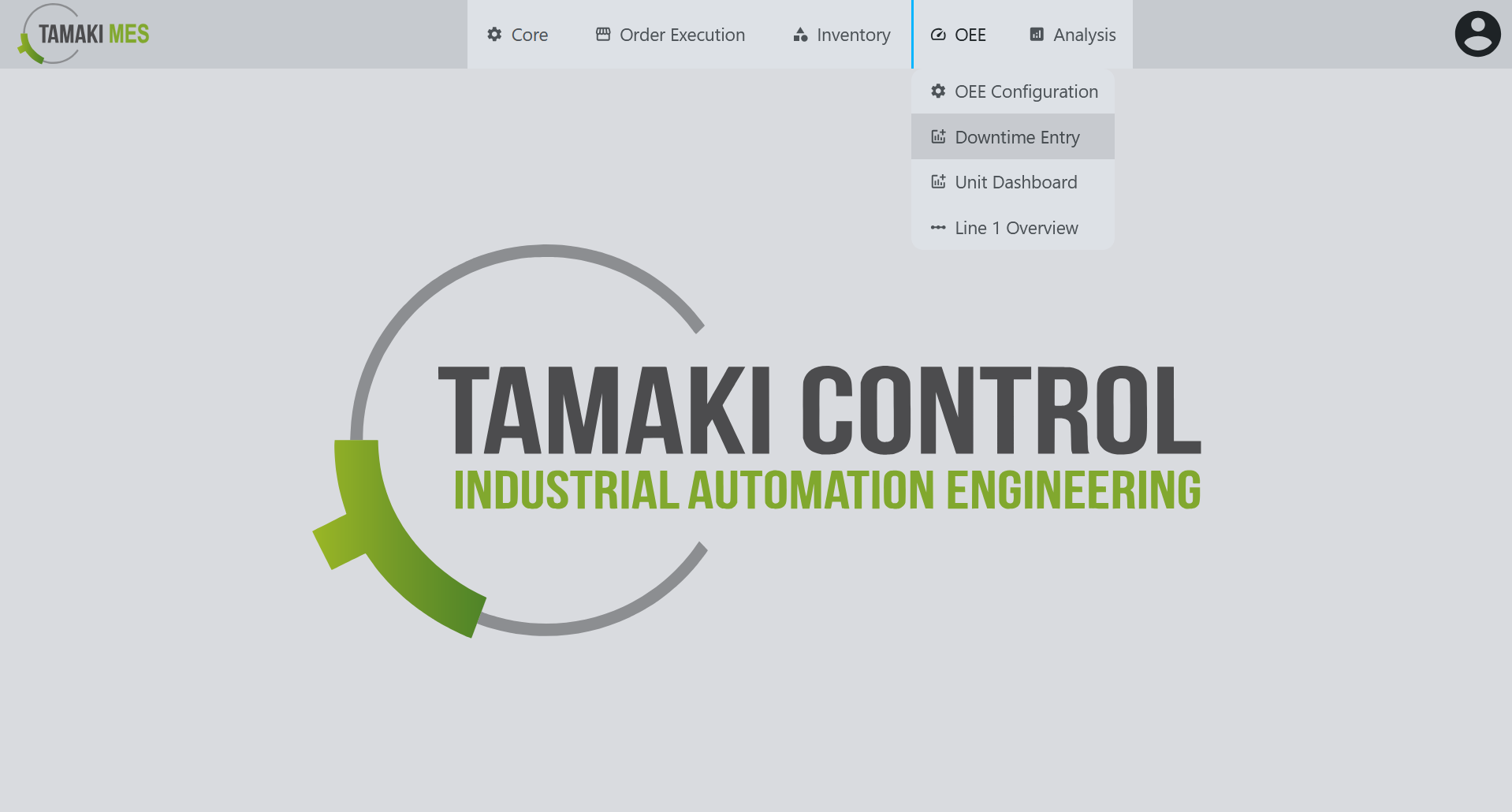Navigation menu showing the Downtime Entry selection in the OEE module