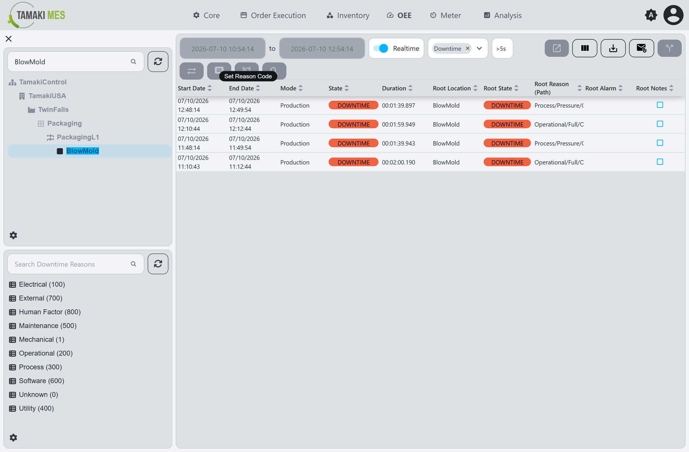 Set Reason Code popup with the hierarchical downtime reason tree and a notes field