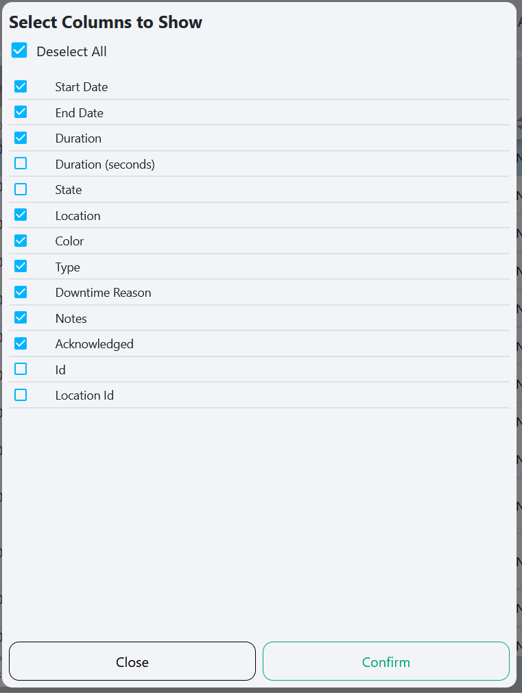 Show Columns popup with a checklist of columns with checkboxes to toggle each one on or off in the downtime event table