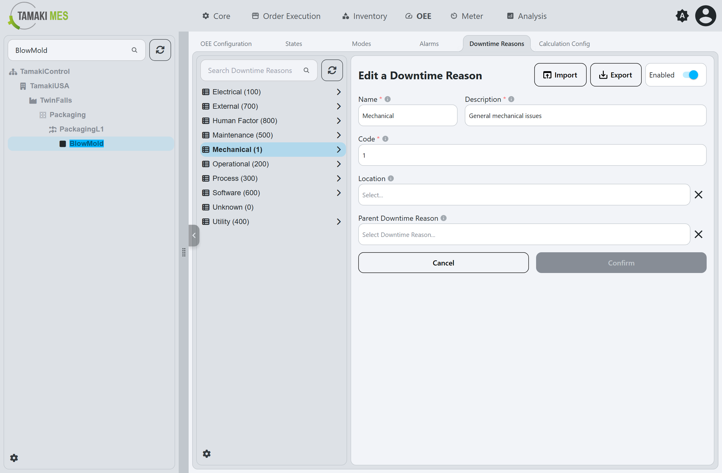 Downtime reason editor showing the name, description, code, location, and parent fields