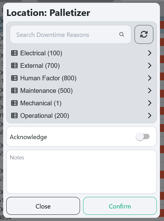 Availability reason selection popup with hierarchical tree of reasons and notes field