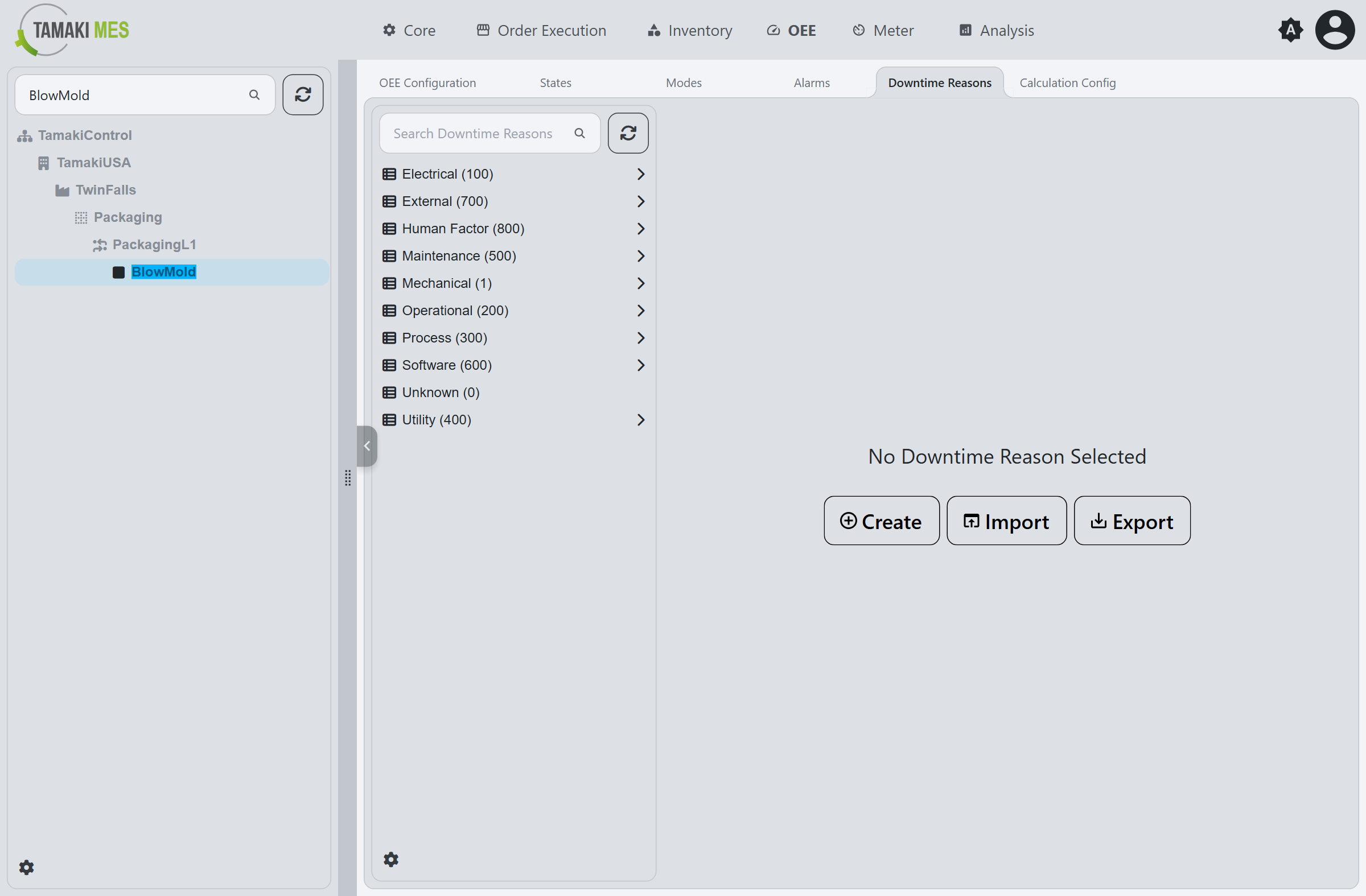 Downtime Reasons tab showing the hierarchical reason tree on the left and the reason editor on the right