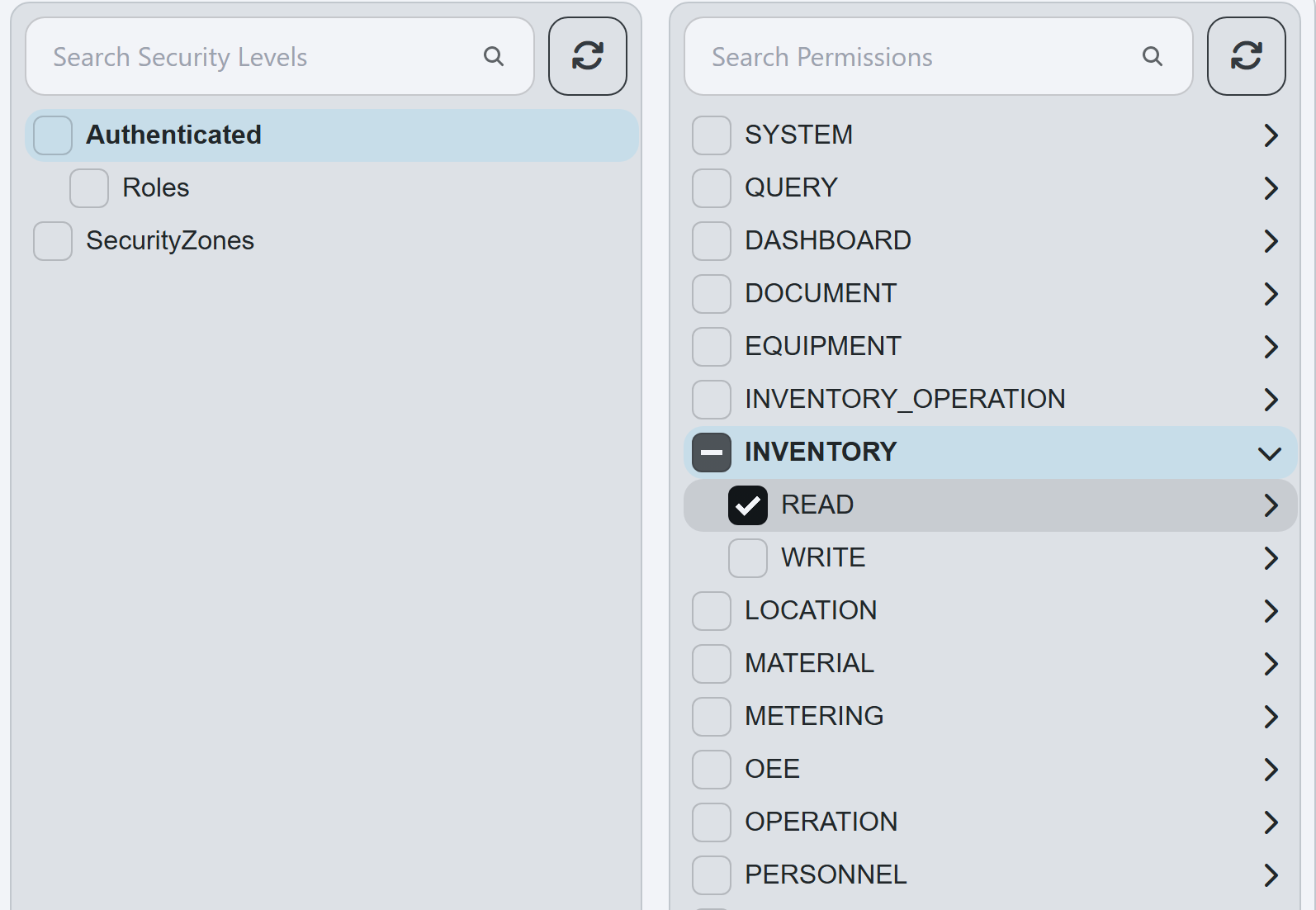 Security Levels and Permissions for the second Warehouse role, with INVENTORY READ checked and WRITE unchecked
