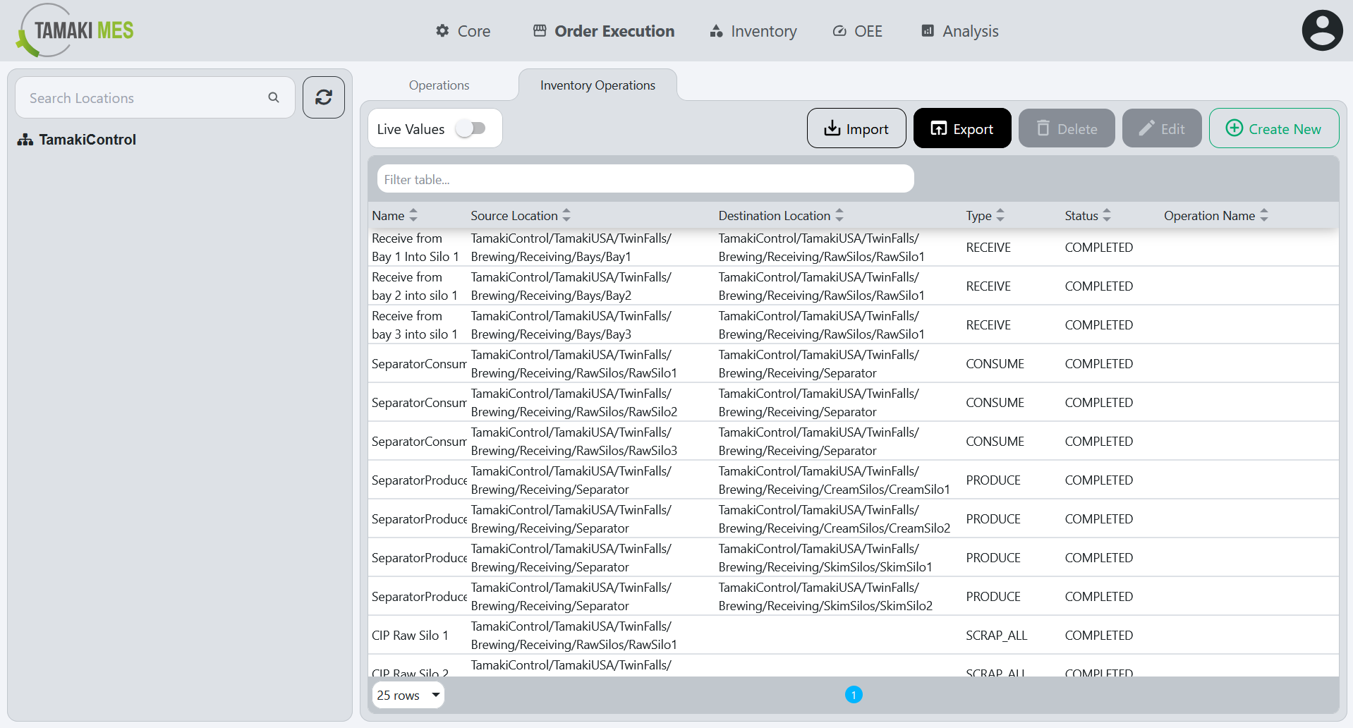 Inventory Operations Page with the export button highlighted