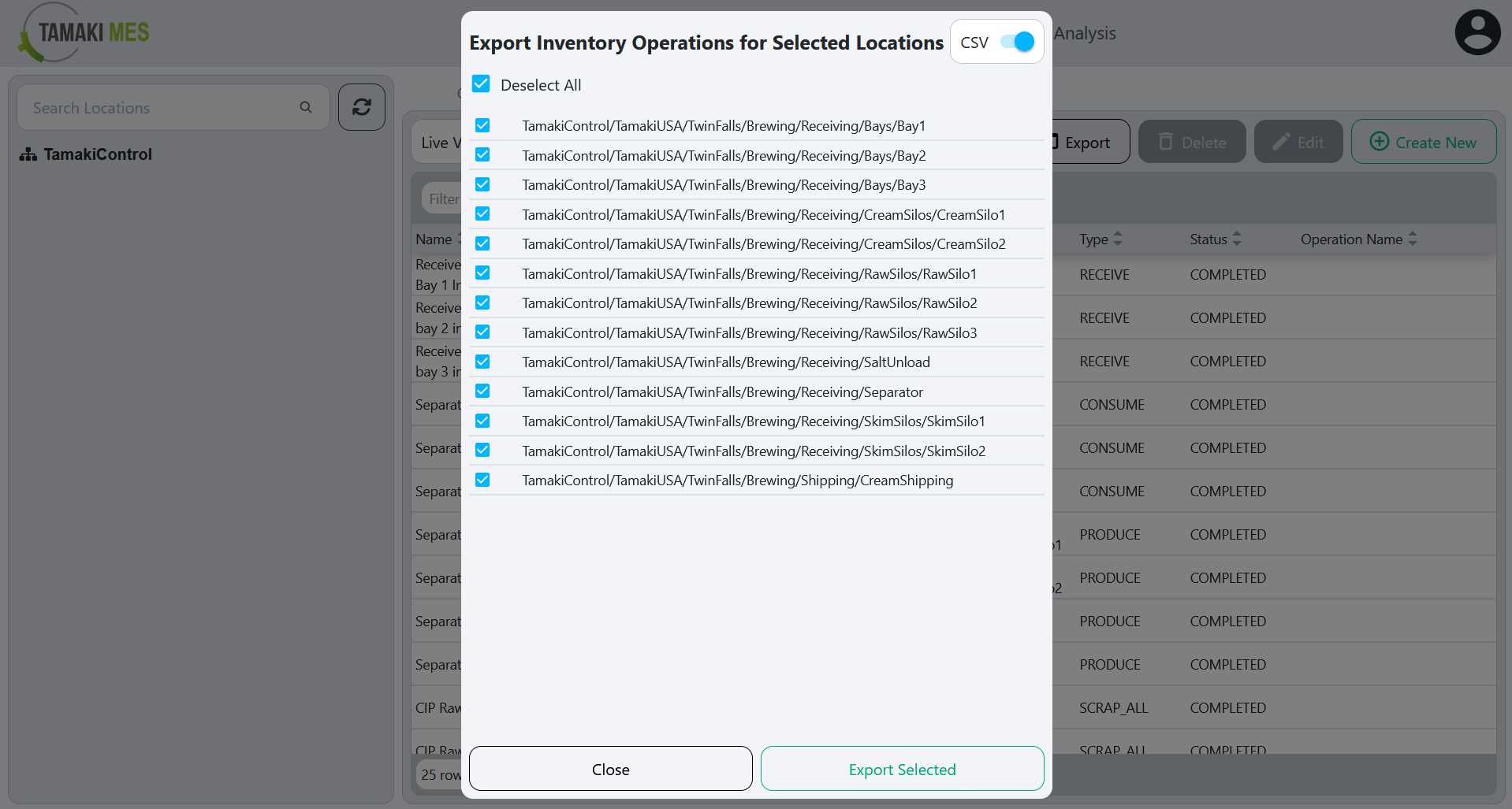 Inventory Operations Page with an export menu popup