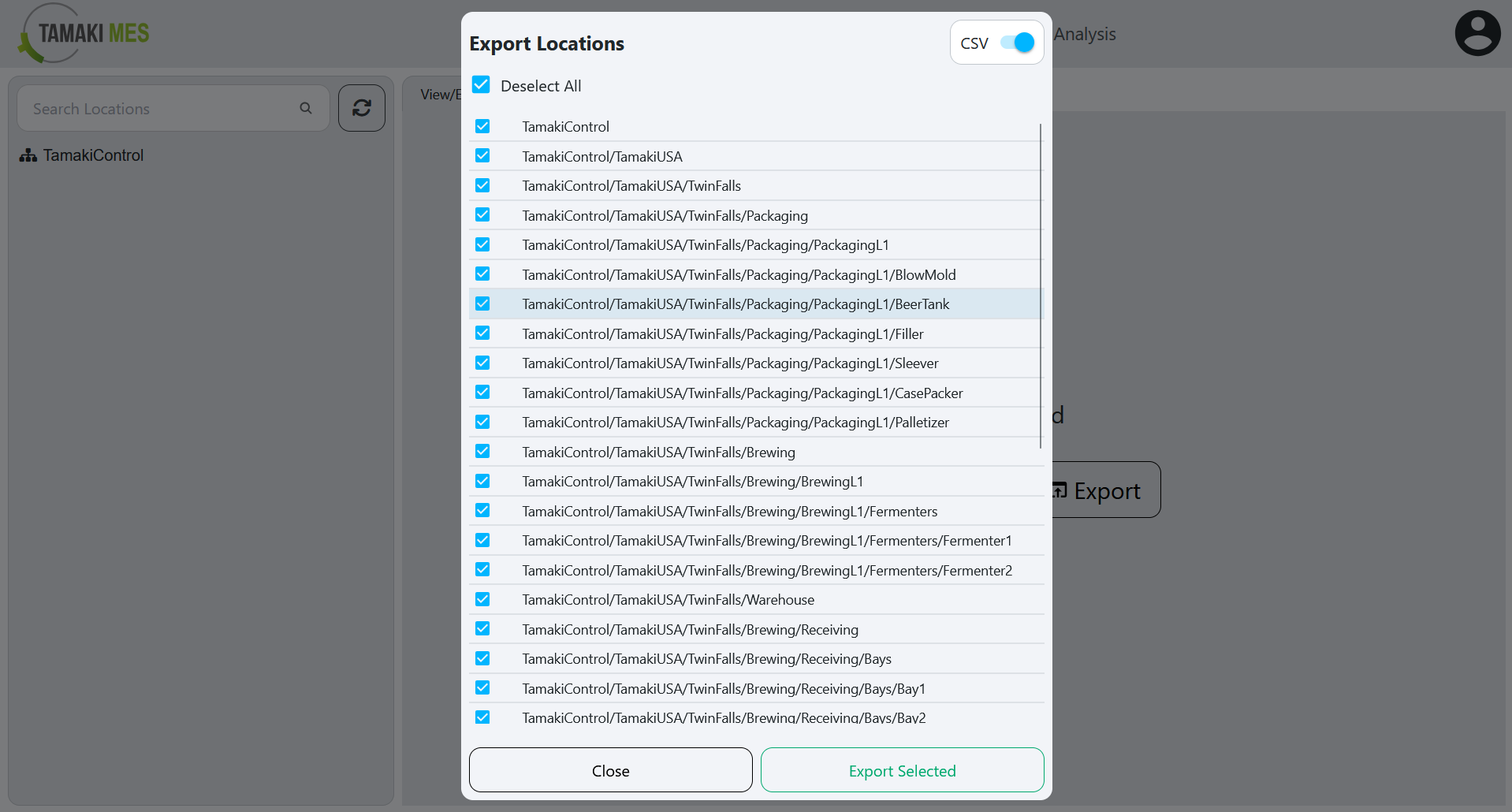 Locations Page with an export menu popup