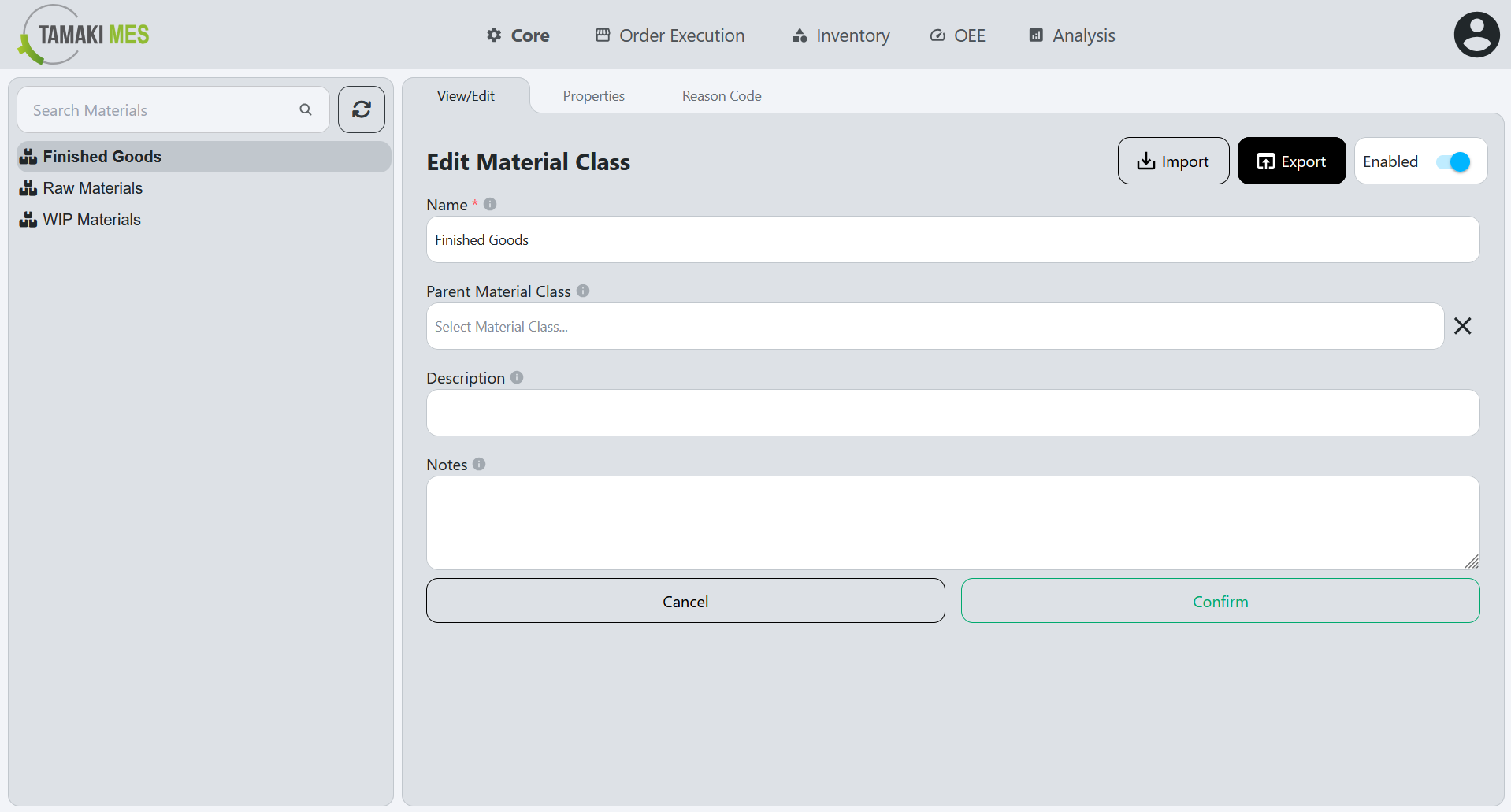 Materials Page with the export button highlighted when editing a material