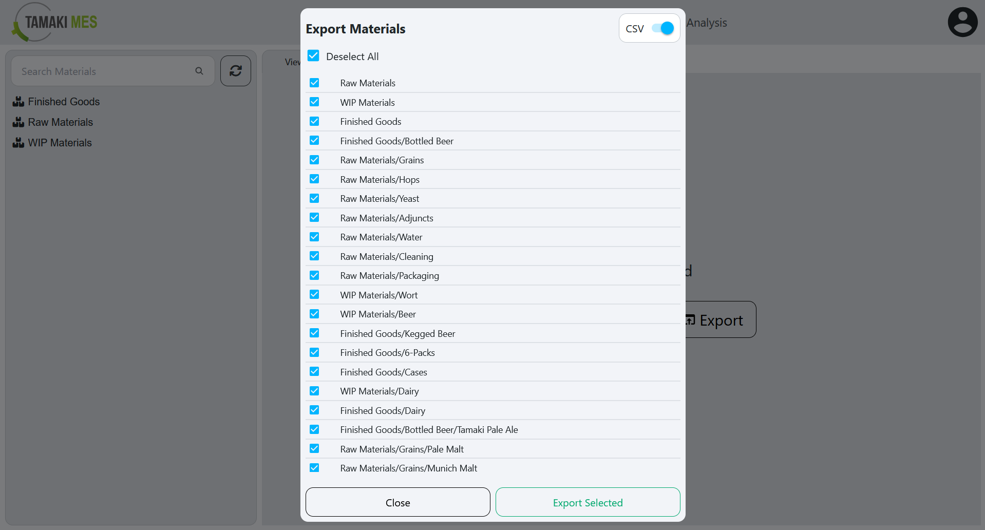 Materials Page with an export menu popup