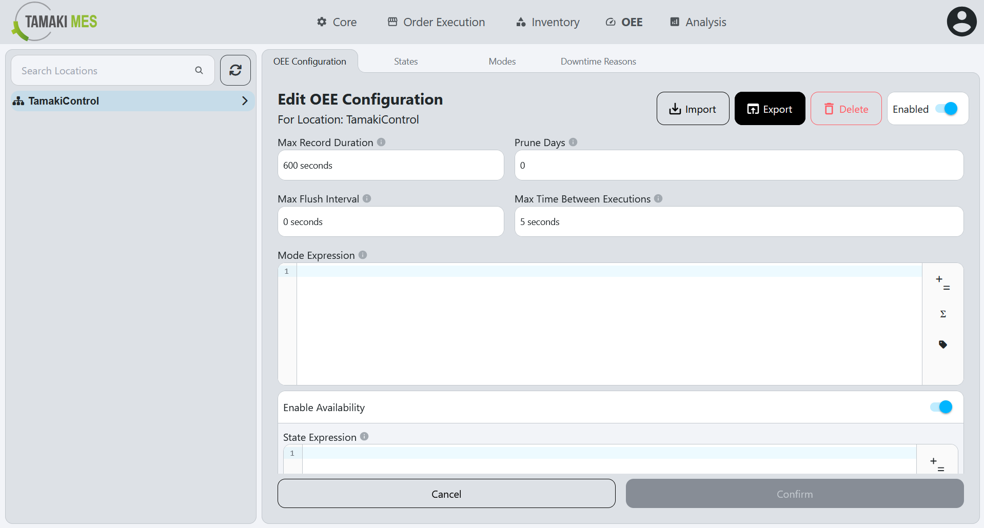 OEE Configuration Page with the export button highlighted when editing an OEE configuration