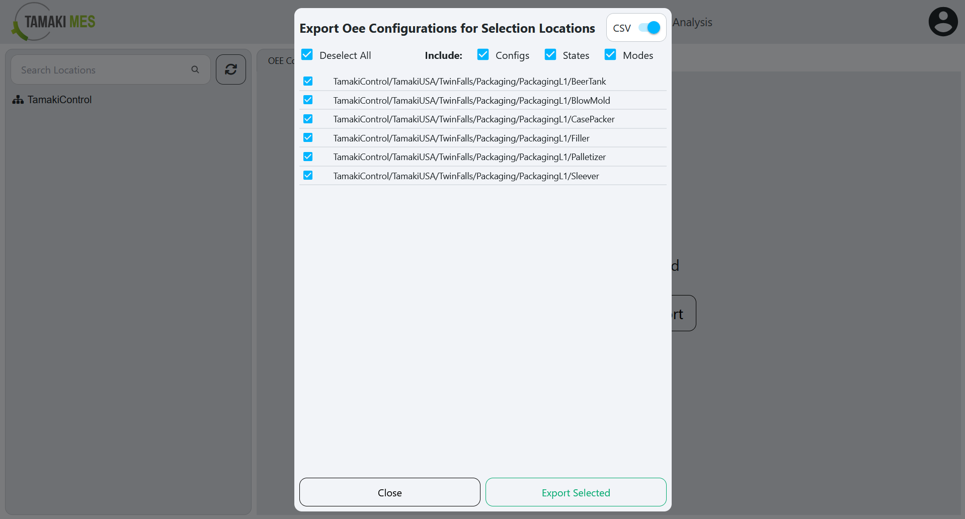 OEE Configuration Page with an export menu popup