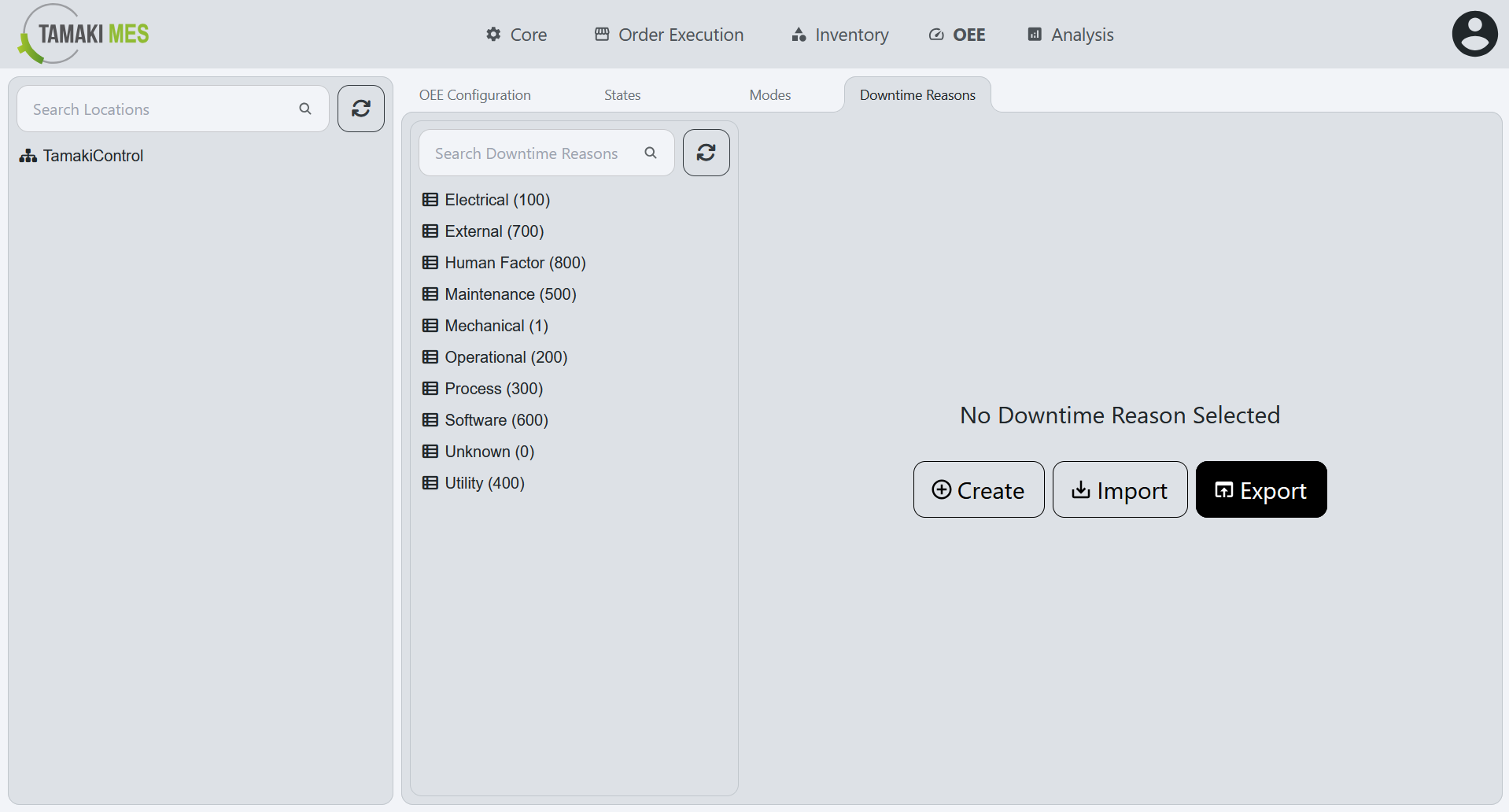 OEE Availability Reasons Page with the export button highlighted on the default page