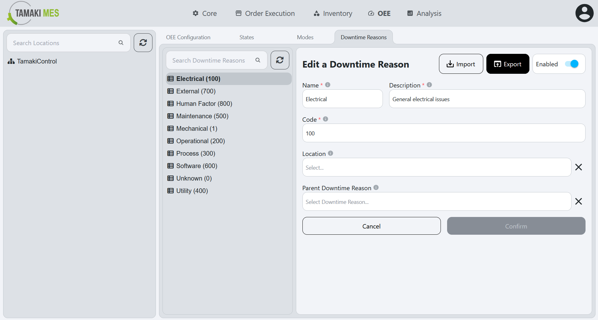 OEE Availability Reasons Page with the export button highlighted when editing an OEE availability reason