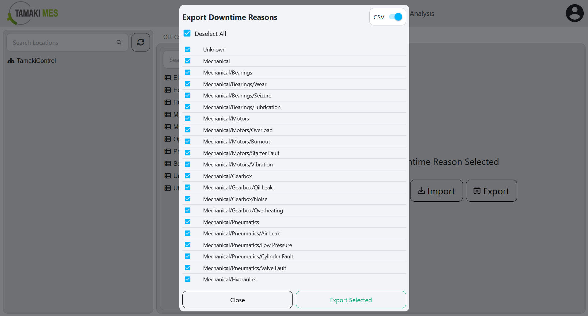OEE Availability Reasons Page with an export menu popup
