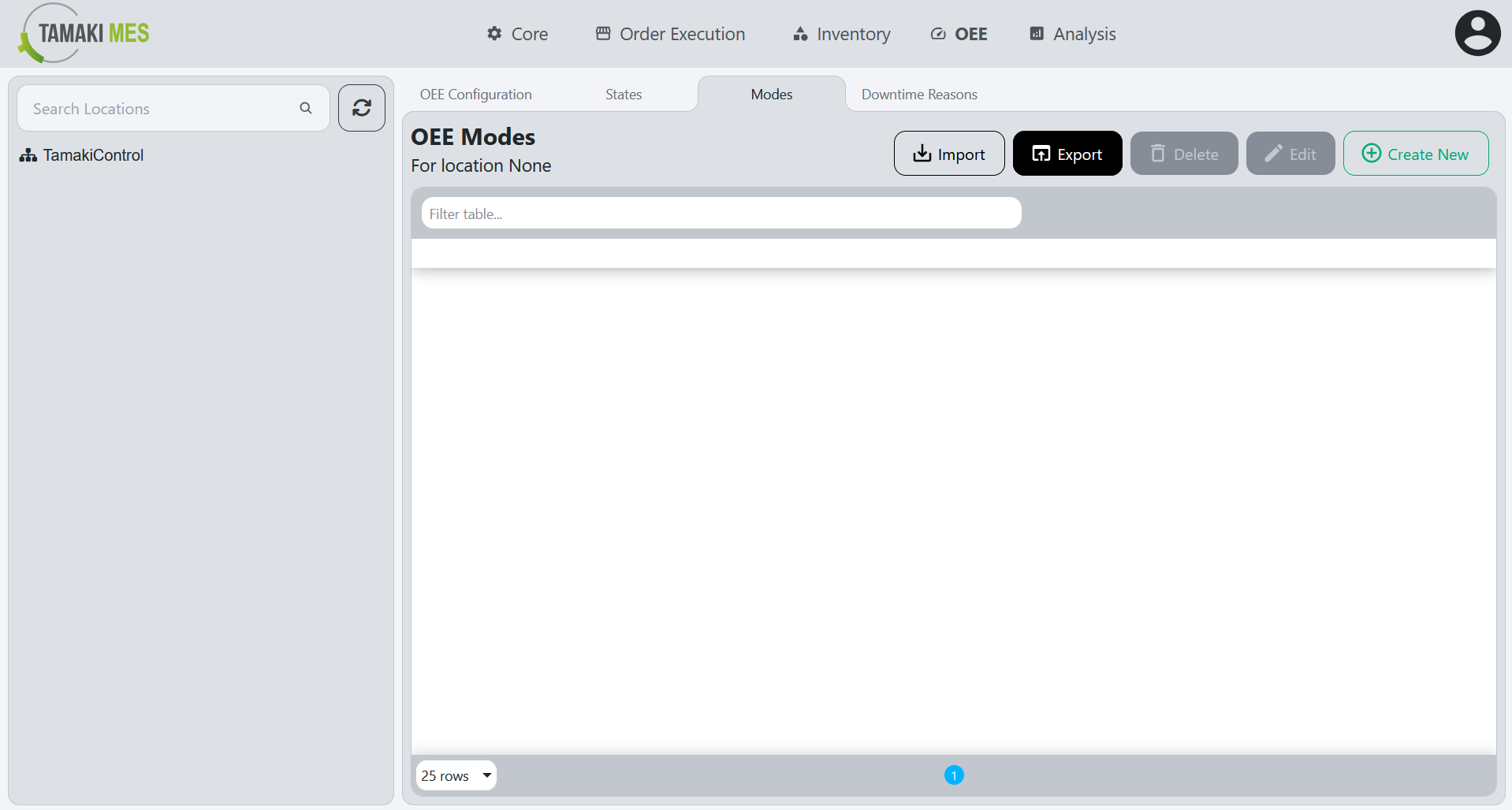 OEE Modes Page with the export button highlighted