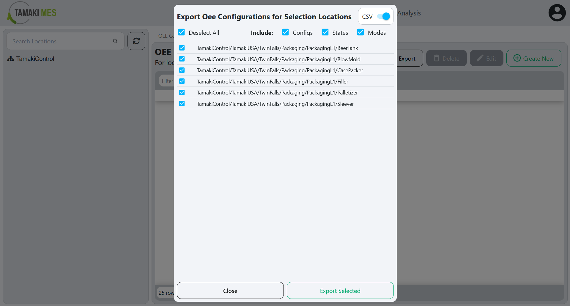 OEE Modes Page with an export menu popup