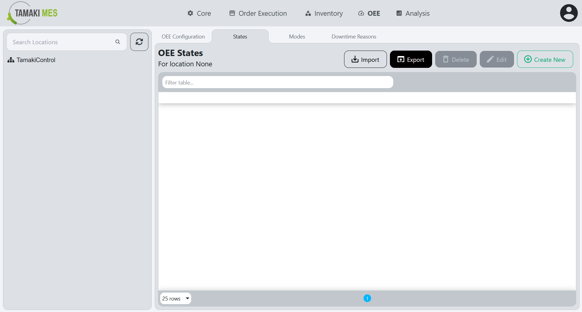 OEE States Page with the export button highlighted