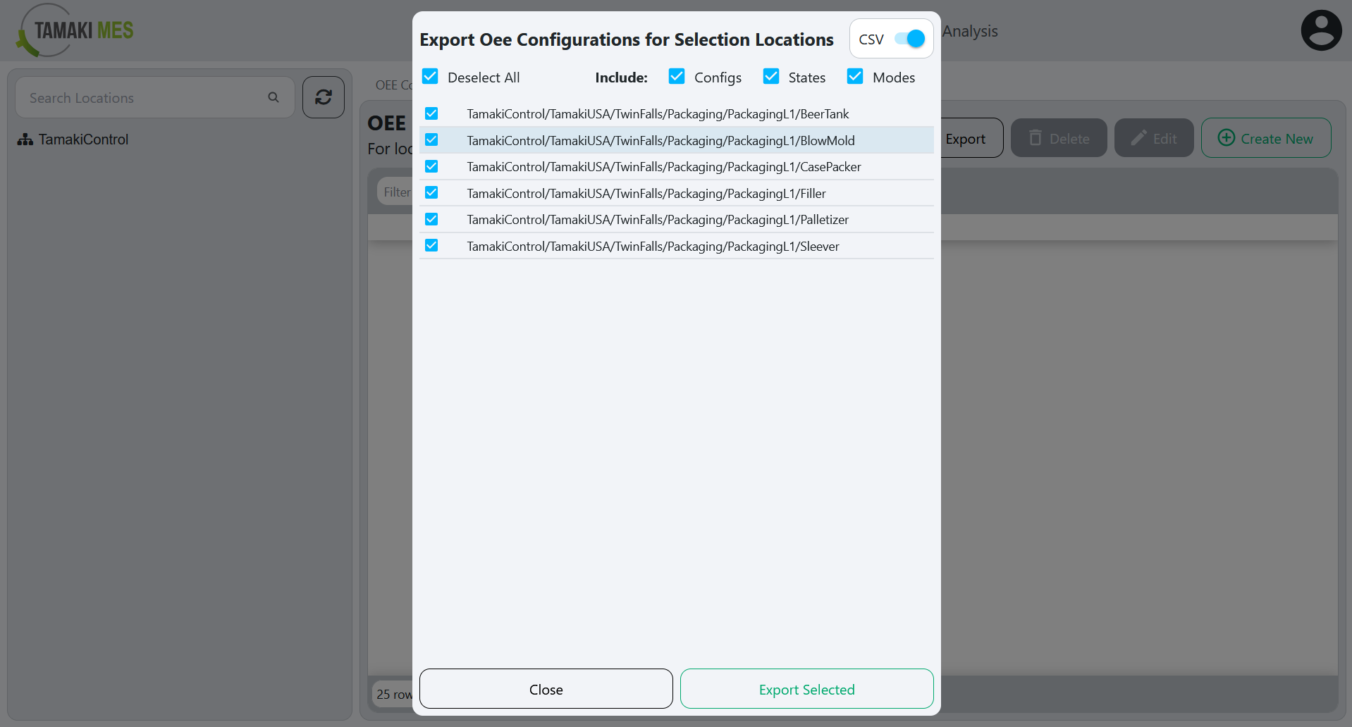 OEE States Page with an export menu popup