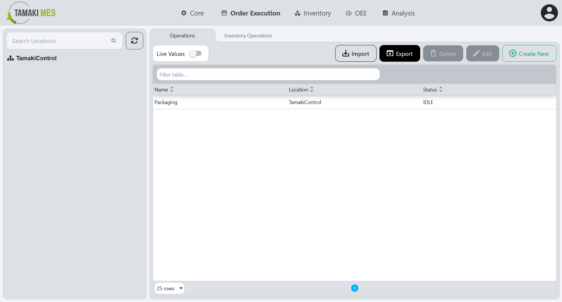 Operations Page with the export button highlighted