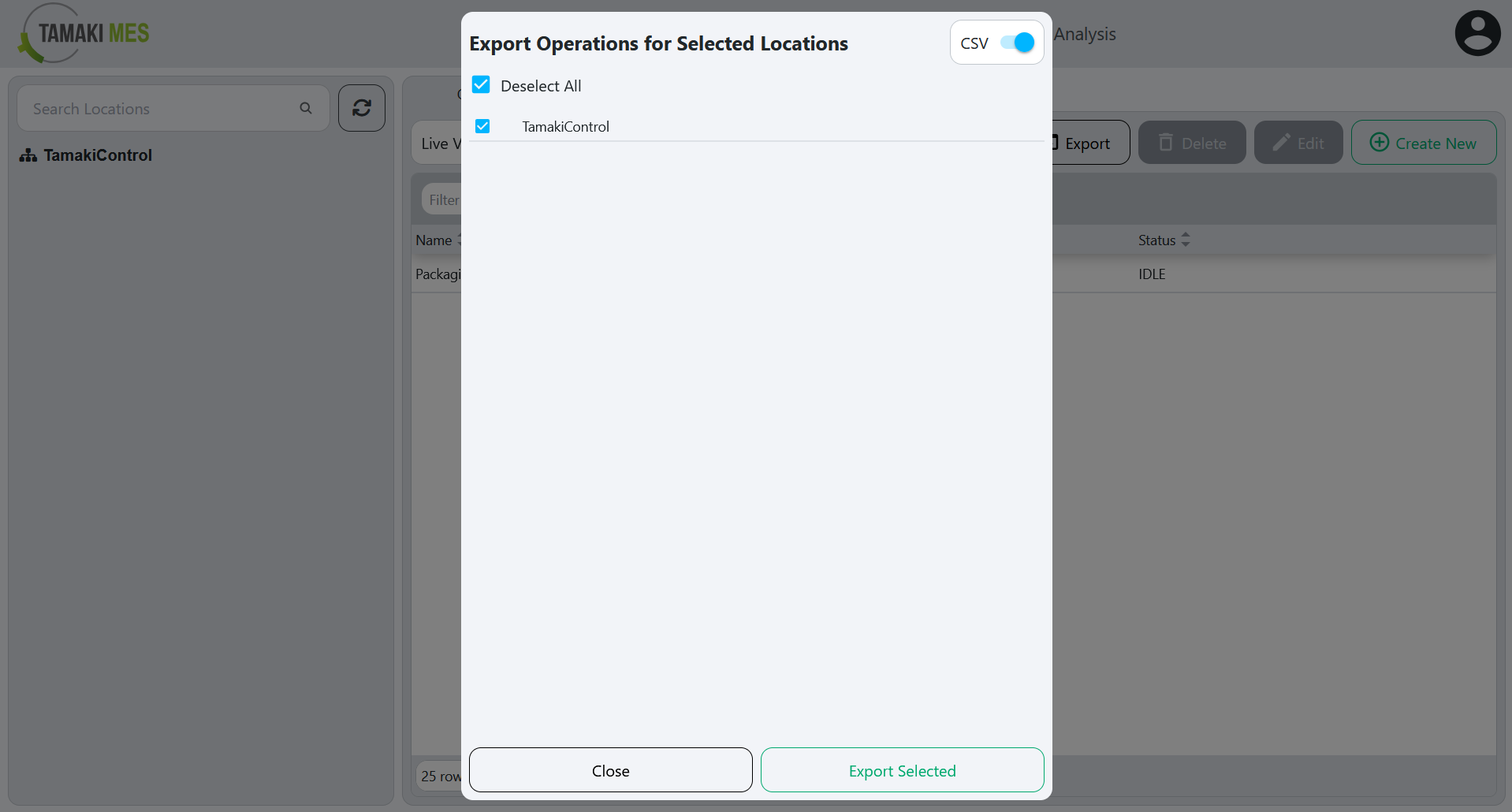 Operations Page with an export menu popup