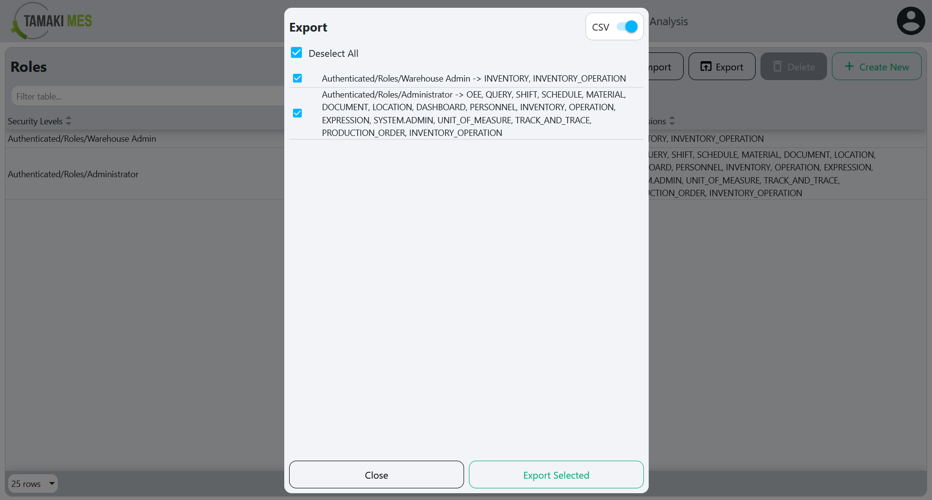 Roles Page with an export menu popup