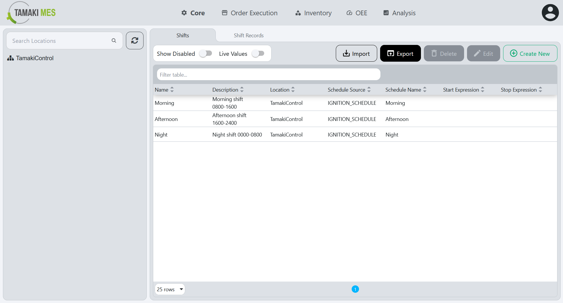 Shifts Page with the export button highlighted