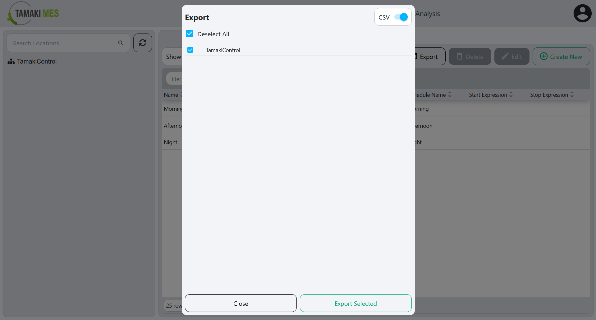 Shifts Page with an export menu popup