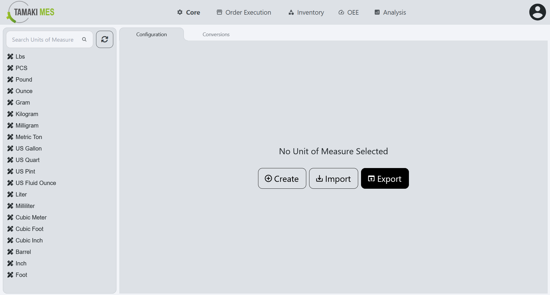 UoM Configuration Page with the export button highlighted on the default page