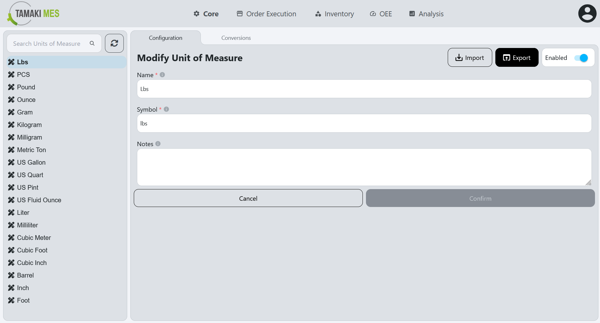 UoM Configuration Page with the export button highlighted when editing a UoM
