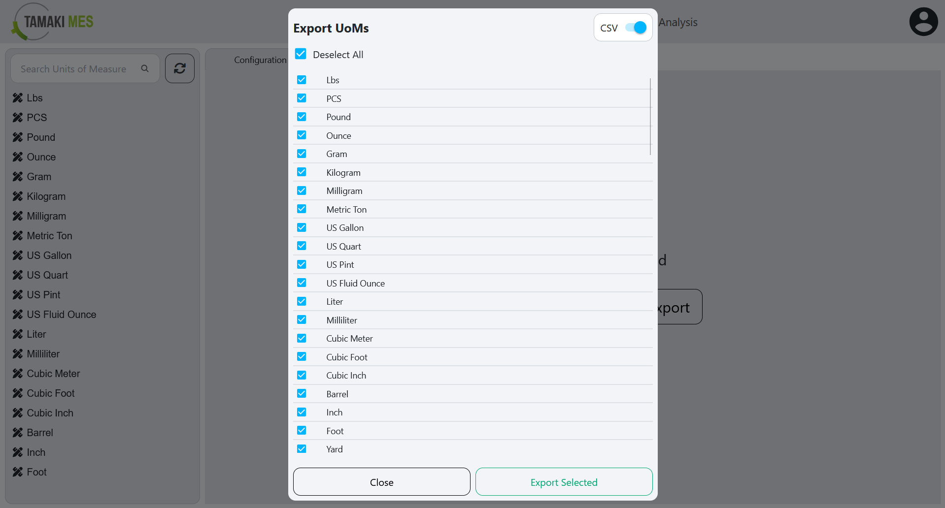 UoM Configuration Page with an export menu popup