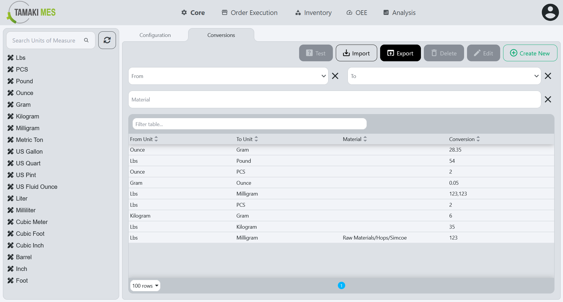 UoM Conversions Page with the export button highlighted