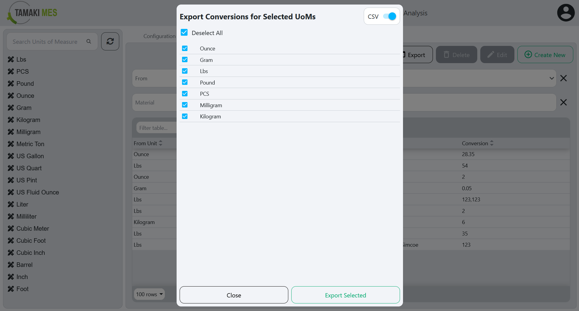 UoM Conversions Page with an export menu popup