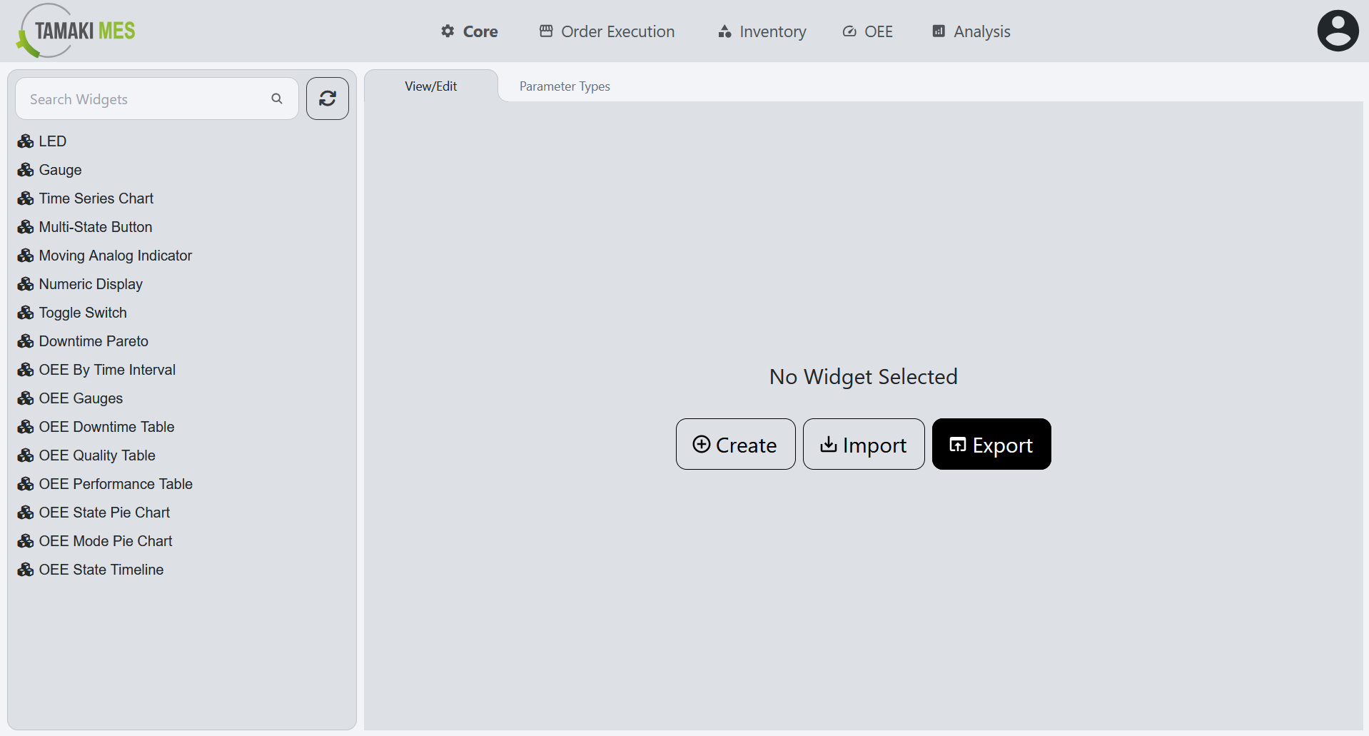 Widgets Page with the export button highlighted on the default page