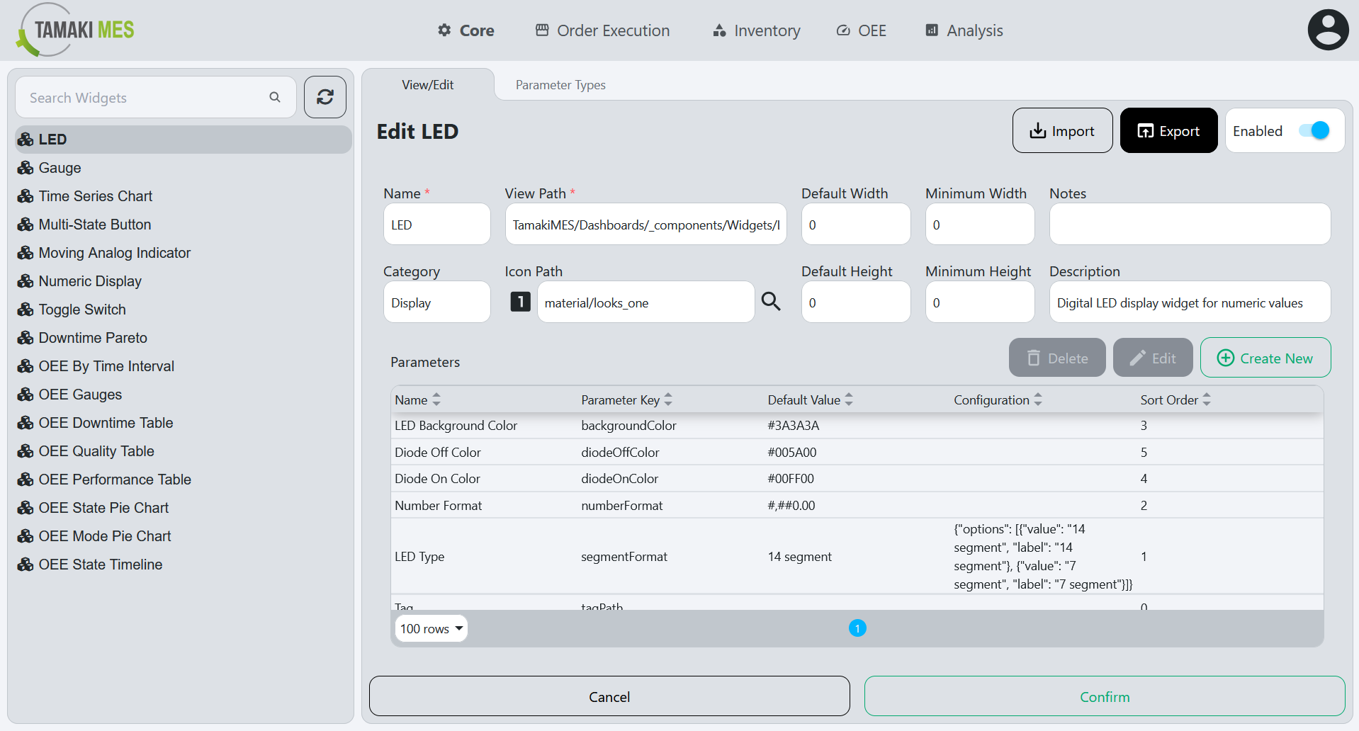 Widgets Page with the export button highlighted when editing a widget