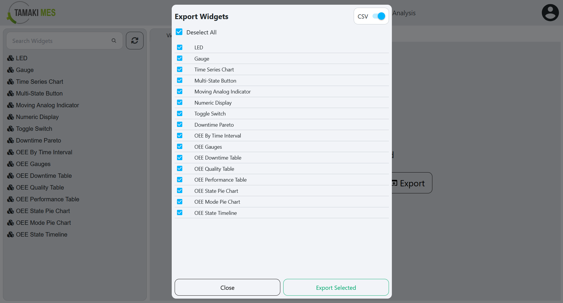 Widgets Page with an export menu popup