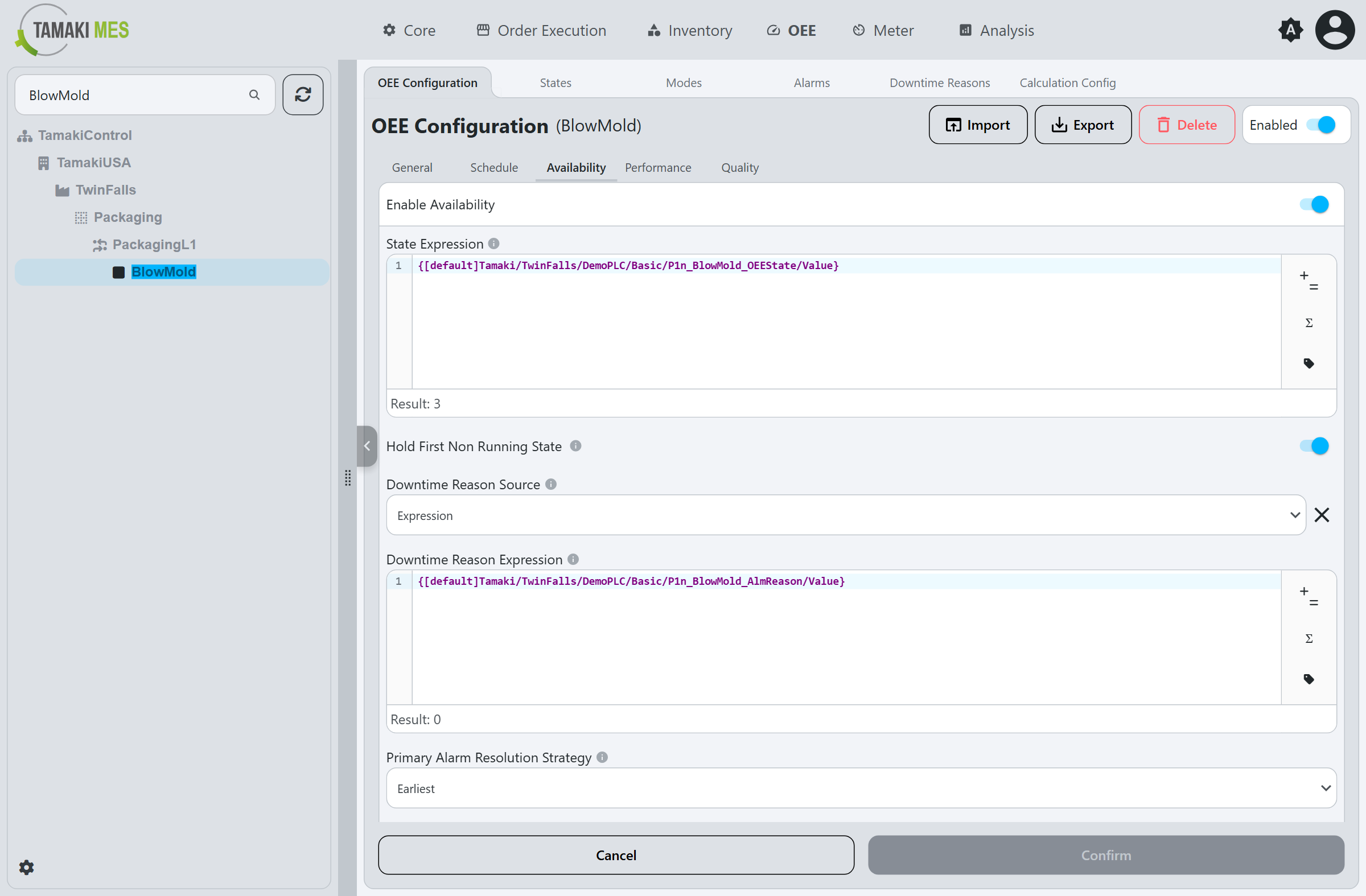 Expression editor showing its evaluate result and the operator, formula, and tag-browser toolbar