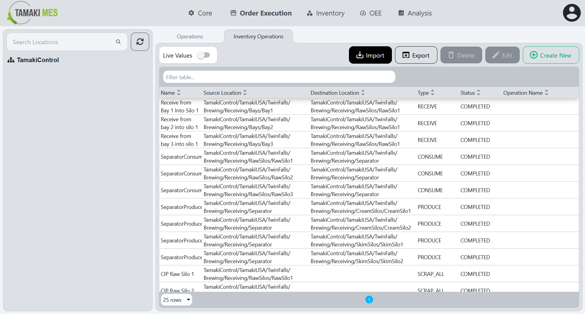 Inventory Operations Page with the import button highlighted