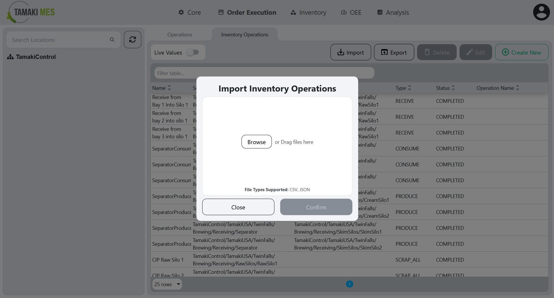 Inventory Operations Page with an import menu popup