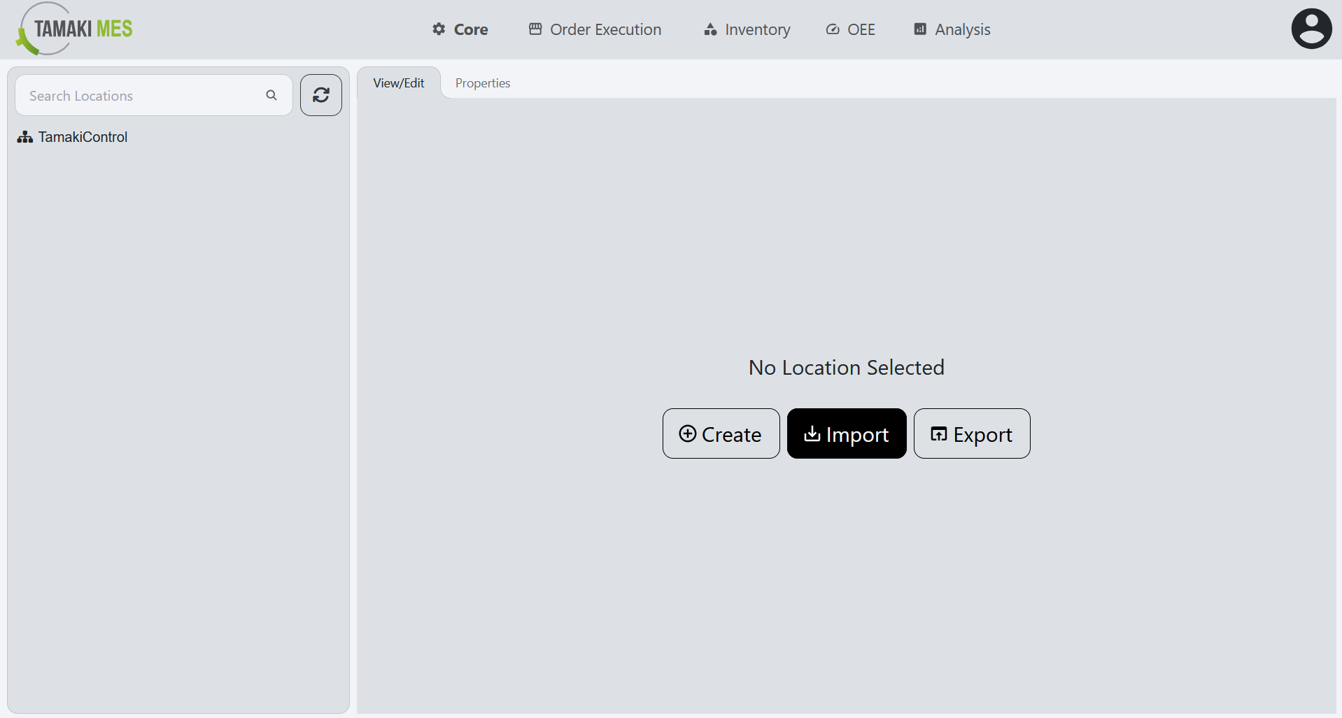 Locations Page with the import button highlighted on the default page